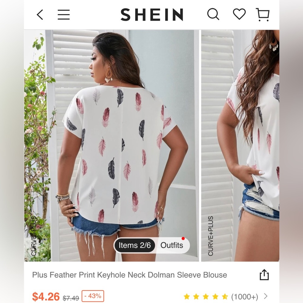 Plus Feather Print Keyhole Neck Dolman Sleeve Blouse